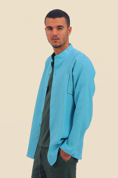 Embroidered linen shirt with button down and stand up collar